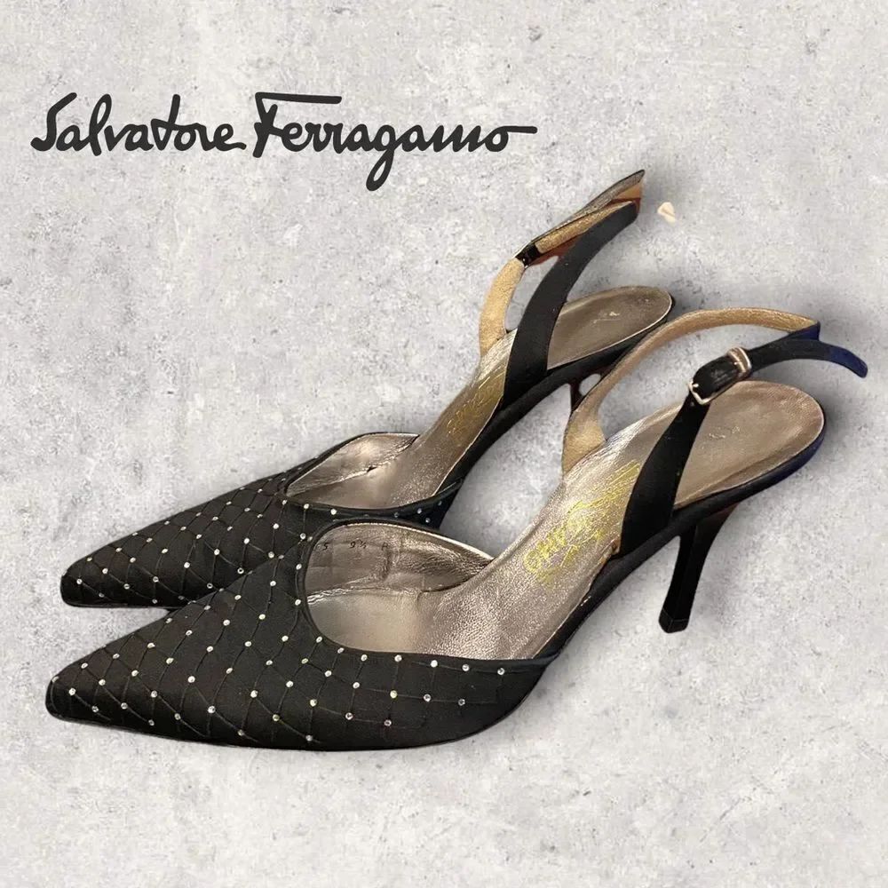 Salvatore Ferragamo Black Rhinestone Heels 9.5